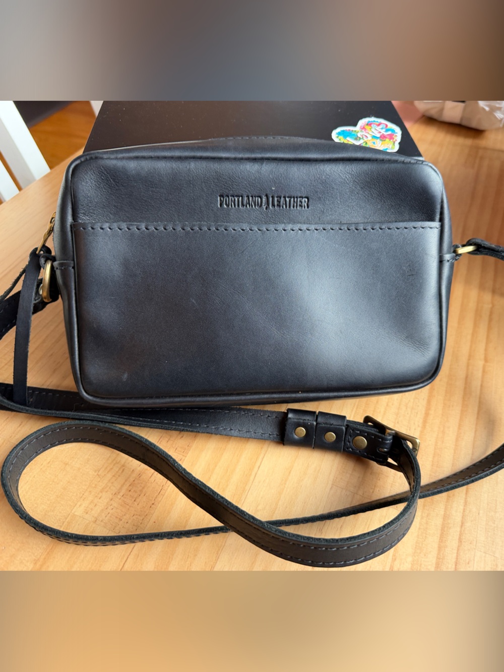 Portland Leather Black Leather Camera Crossbody Bag